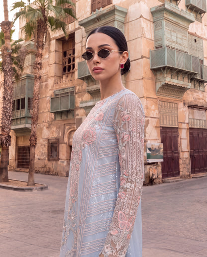 Powder Blue Embroidered 3-Piece Suit with Pearl Dupatta-(PBS-6102)