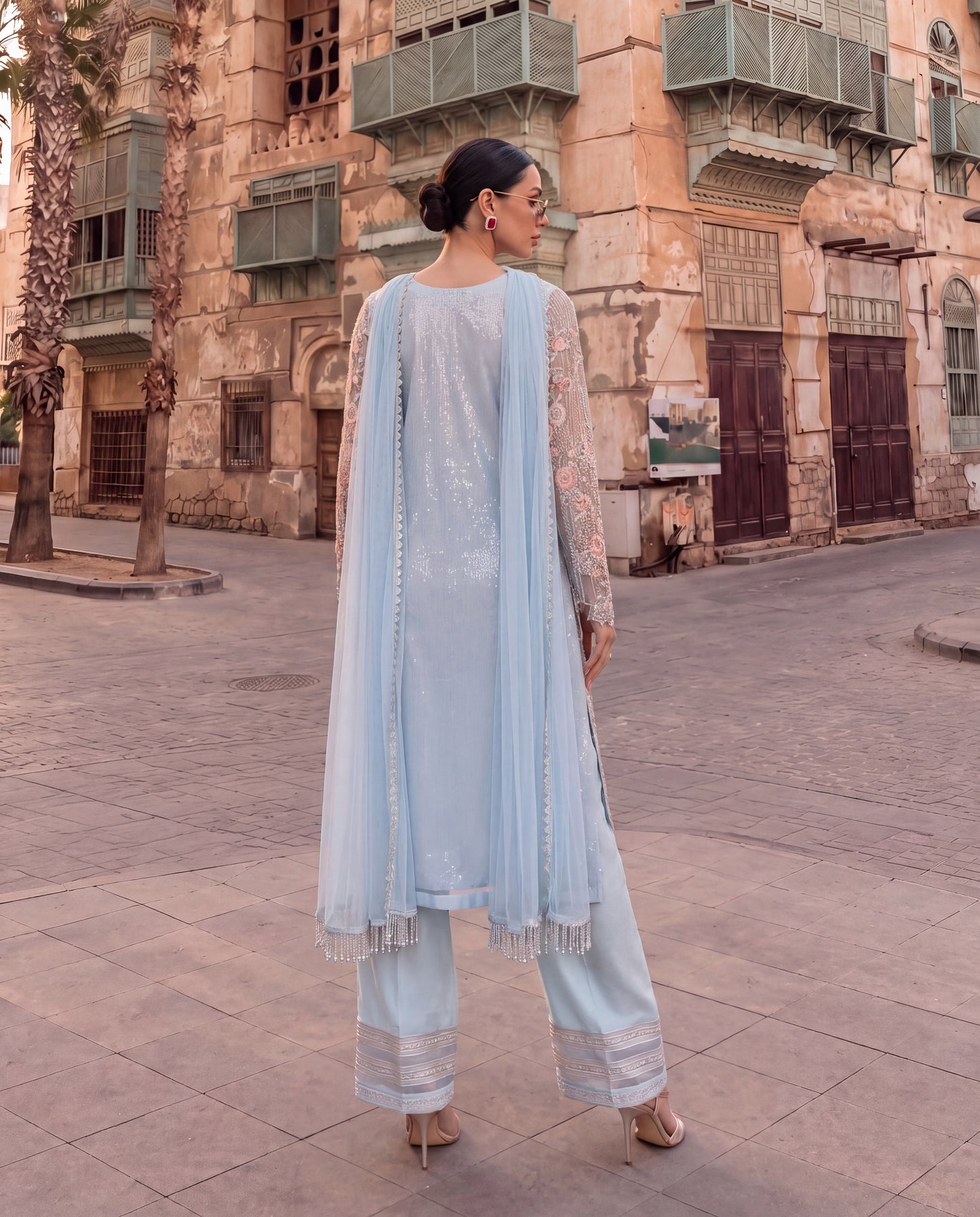 Powder Blue Embroidered 3-Piece Suit with Pearl Dupatta-(PBS-6102)