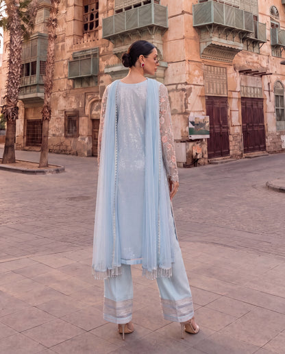 Powder Blue Embroidered 3-Piece Suit with Pearl Dupatta-(PBS-6102)