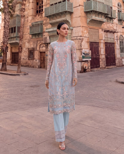Powder Blue Embroidered 3-Piece Suit with Pearl Dupatta-(PBS-6102)