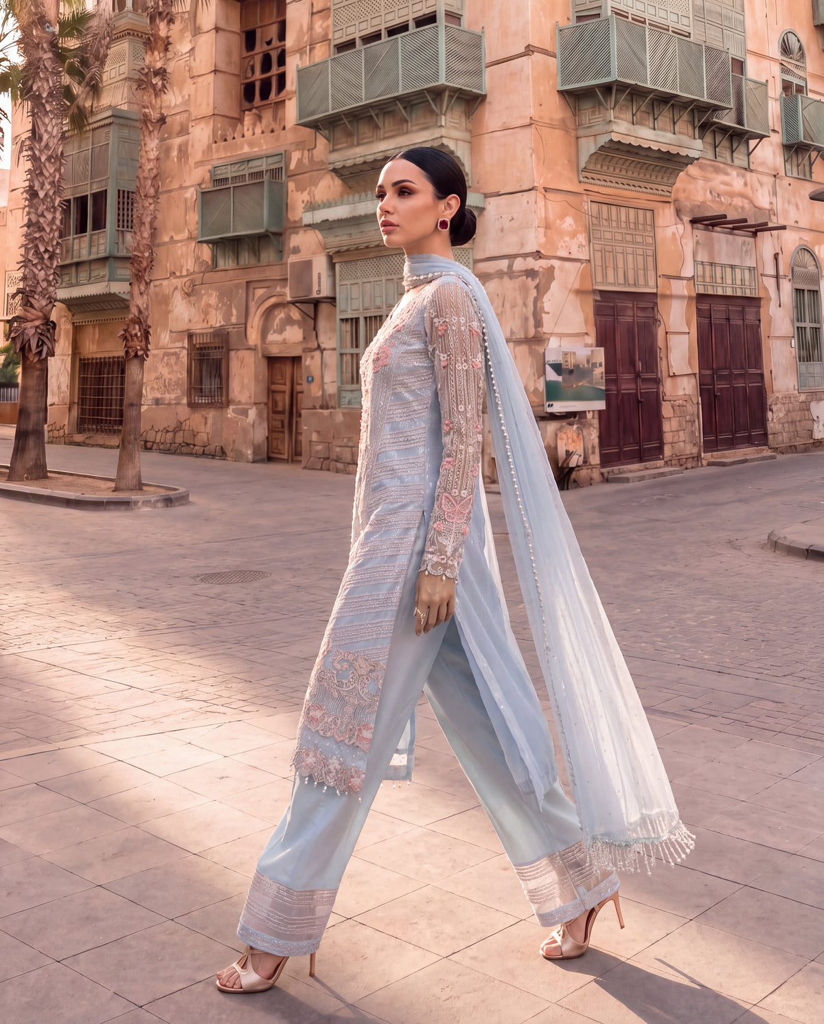 Powder Blue Embroidered 3-Piece Suit with Pearl Dupatta-(PBS-6102)