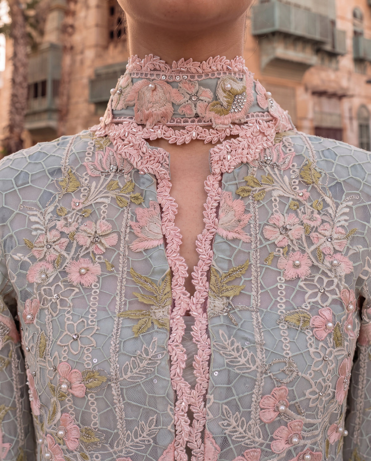 Powder Blue Embroidered Jacket with Crushed Georgette Skirt-(CG-9)