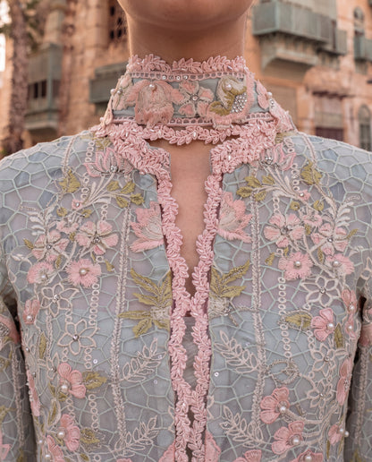 Powder Blue Embroidered Jacket with Crushed Georgette Skirt-(CG-9)