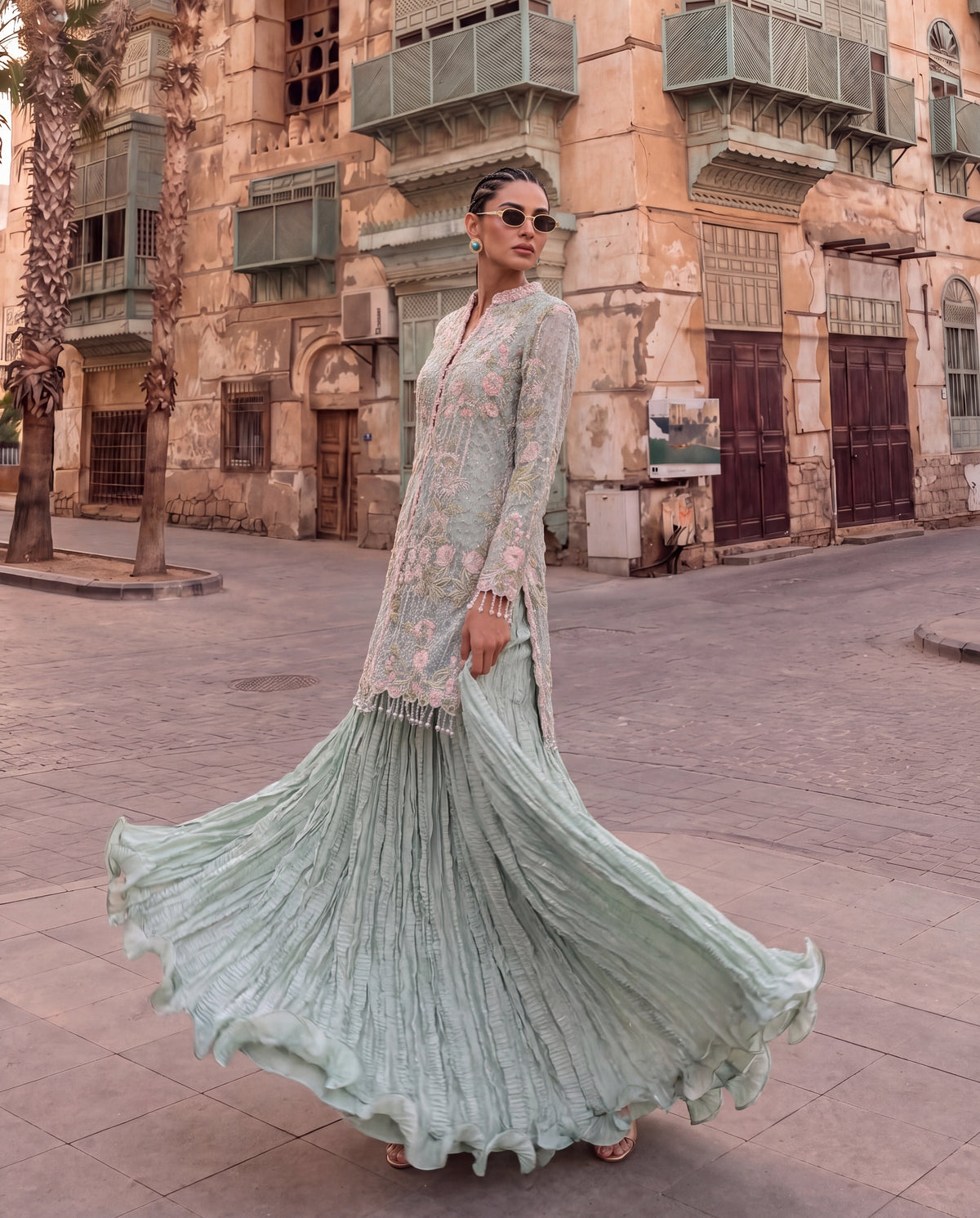 Powder Blue Embroidered Jacket with Crushed Georgette Skirt-(CG-9)