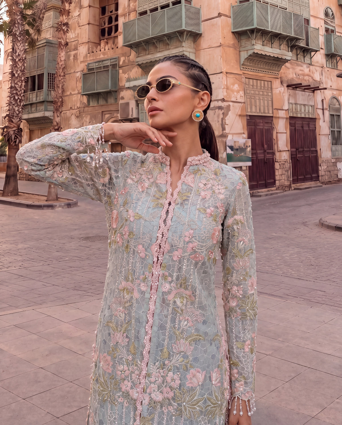 Powder Blue Embroidered Jacket with Crushed Georgette Skirt-(CG-9)