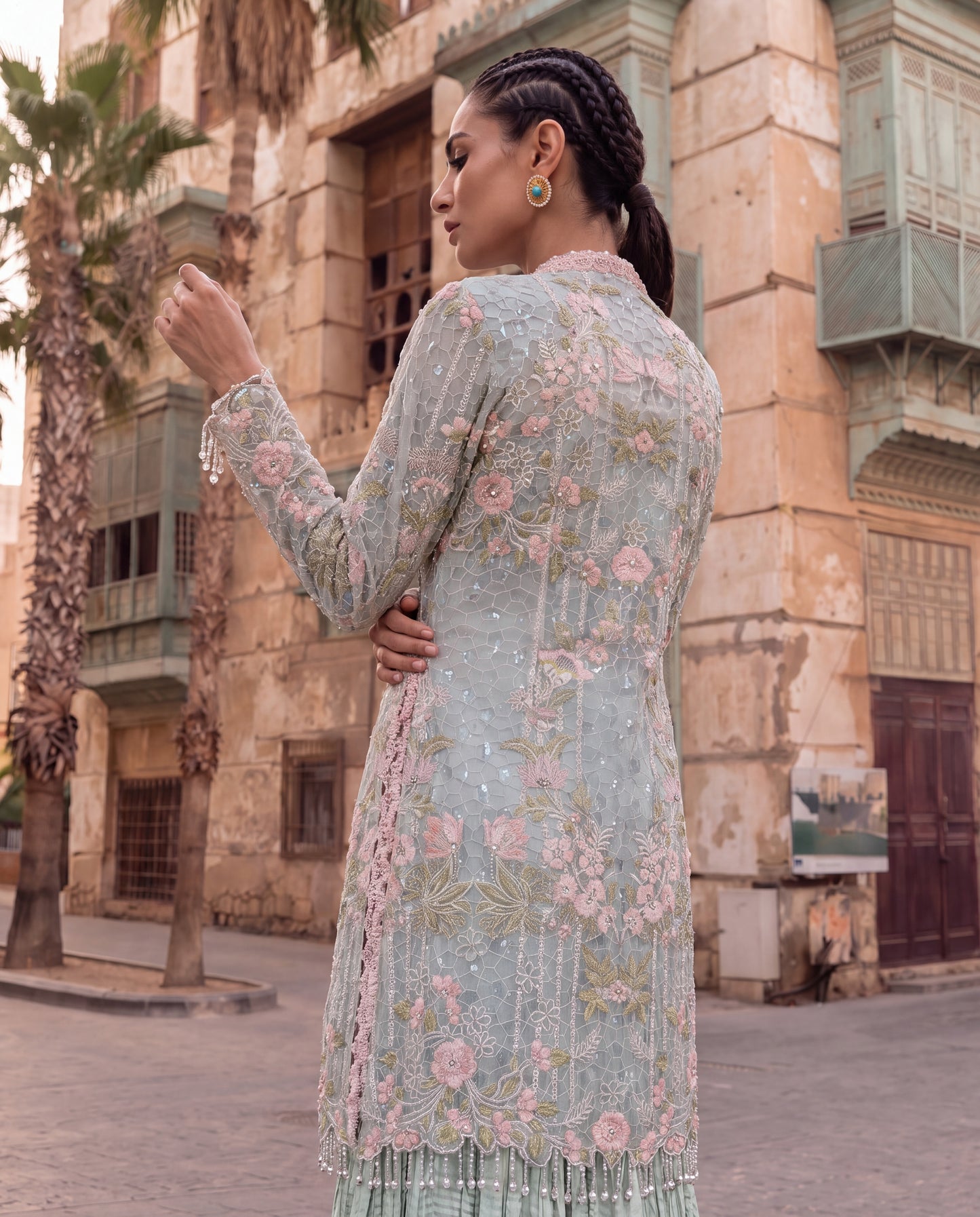 Powder Blue Embroidered Jacket with Crushed Georgette Skirt-(CG-9)