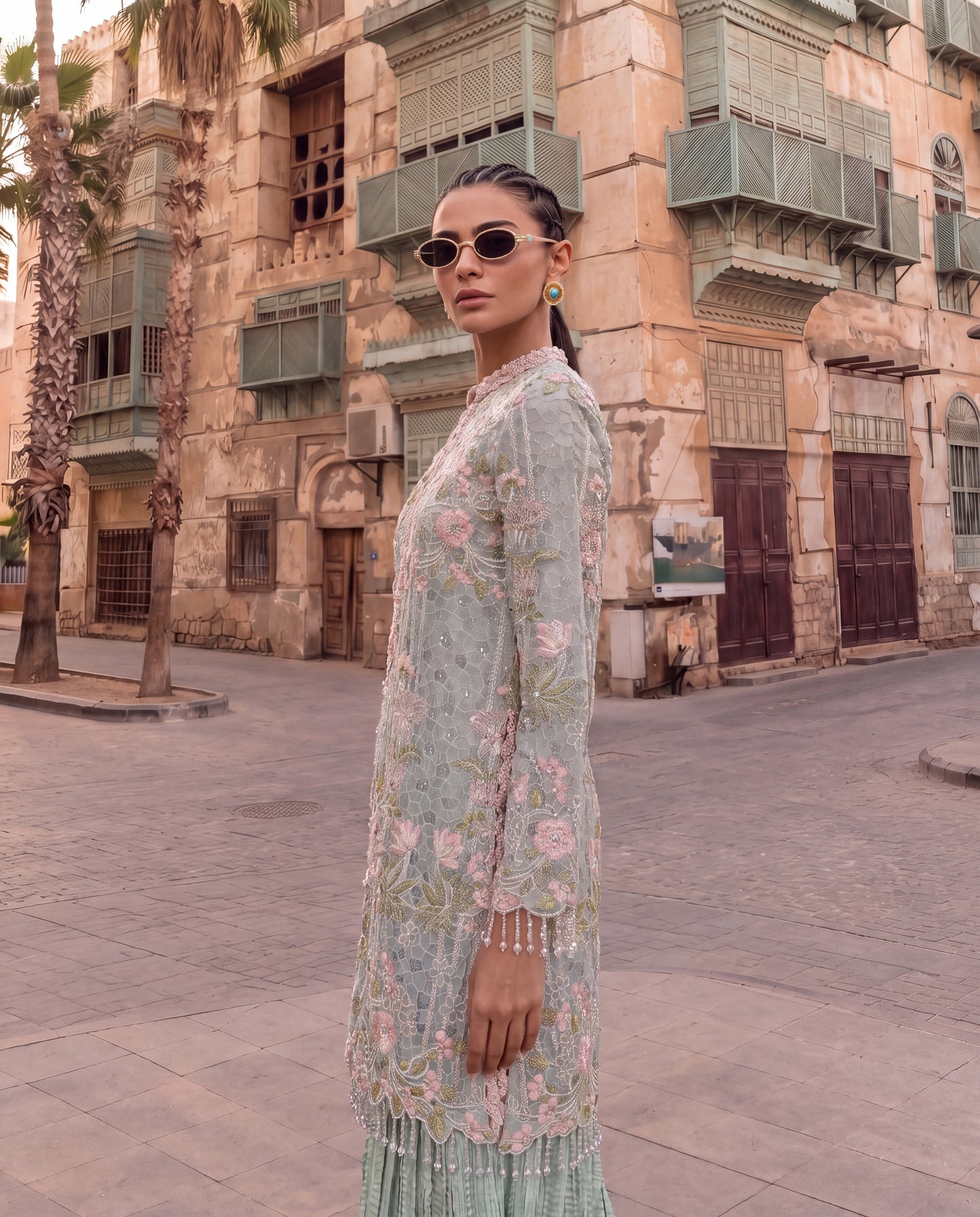 Powder Blue Embroidered Jacket with Crushed Georgette Skirt-(CG-9)