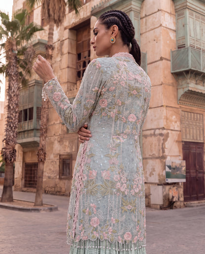 Powder Blue Embroidered Jacket with Crushed Georgette Skirt-(CG-9)