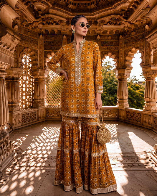 Mustard Ajrakh Kurta Gharara Set with Mirror Work-(TAG-8100)