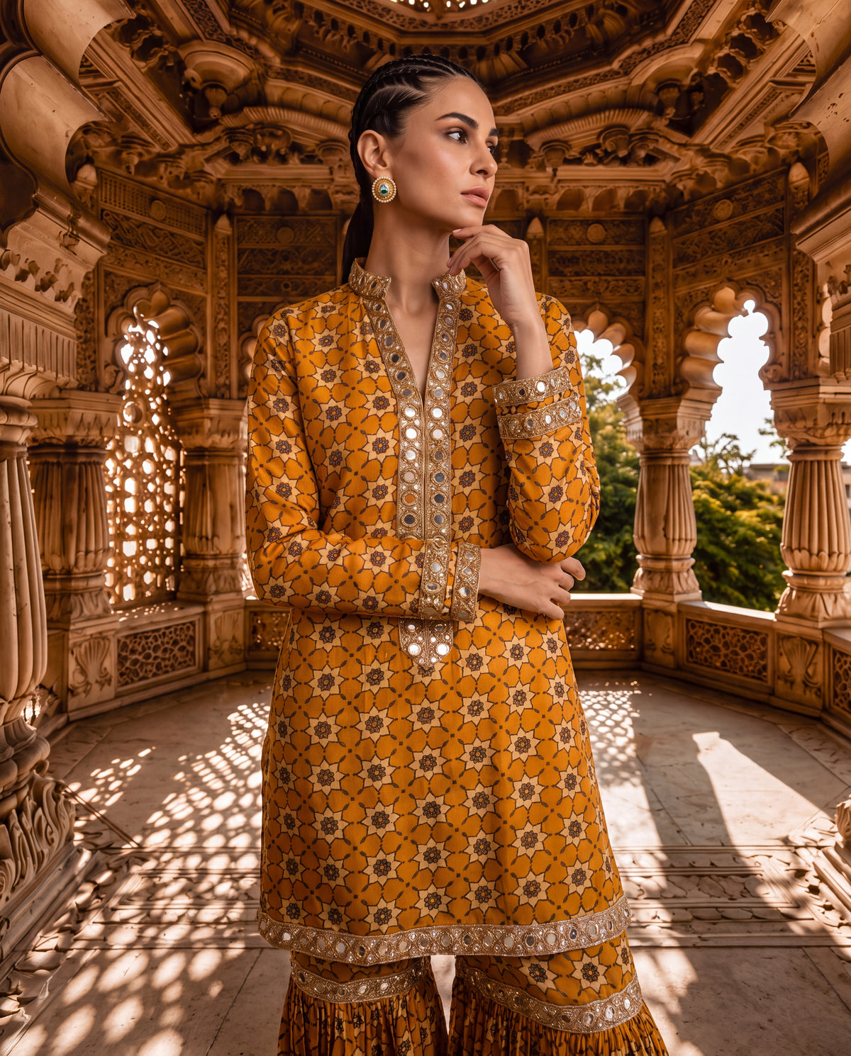 Mustard Ajrakh Kurta Gharara Set with Mirror Work-(TAG-8100)