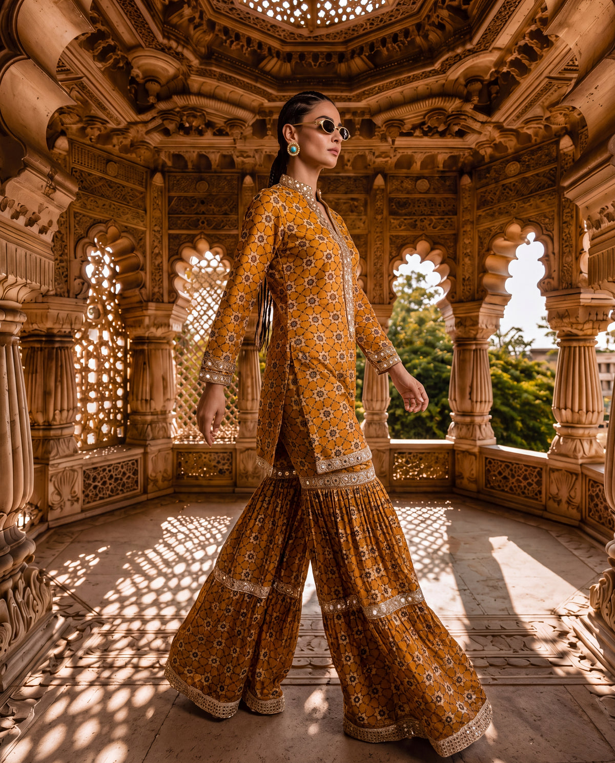 Mustard Ajrakh Kurta Gharara Set with Mirror Work-(TAG-8100)
