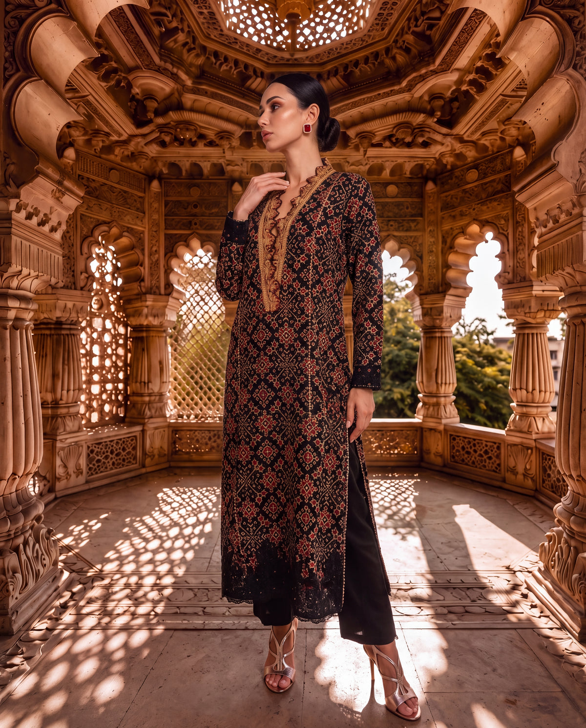 Black Ajrakh Kurta with Kashmiri Tilla Work & Lace Borders-(TKW-2223)