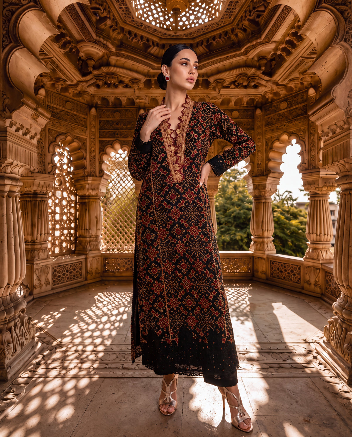 Black Ajrakh Kurta with Kashmiri Tilla Work & Lace Borders-(TKW-2223)