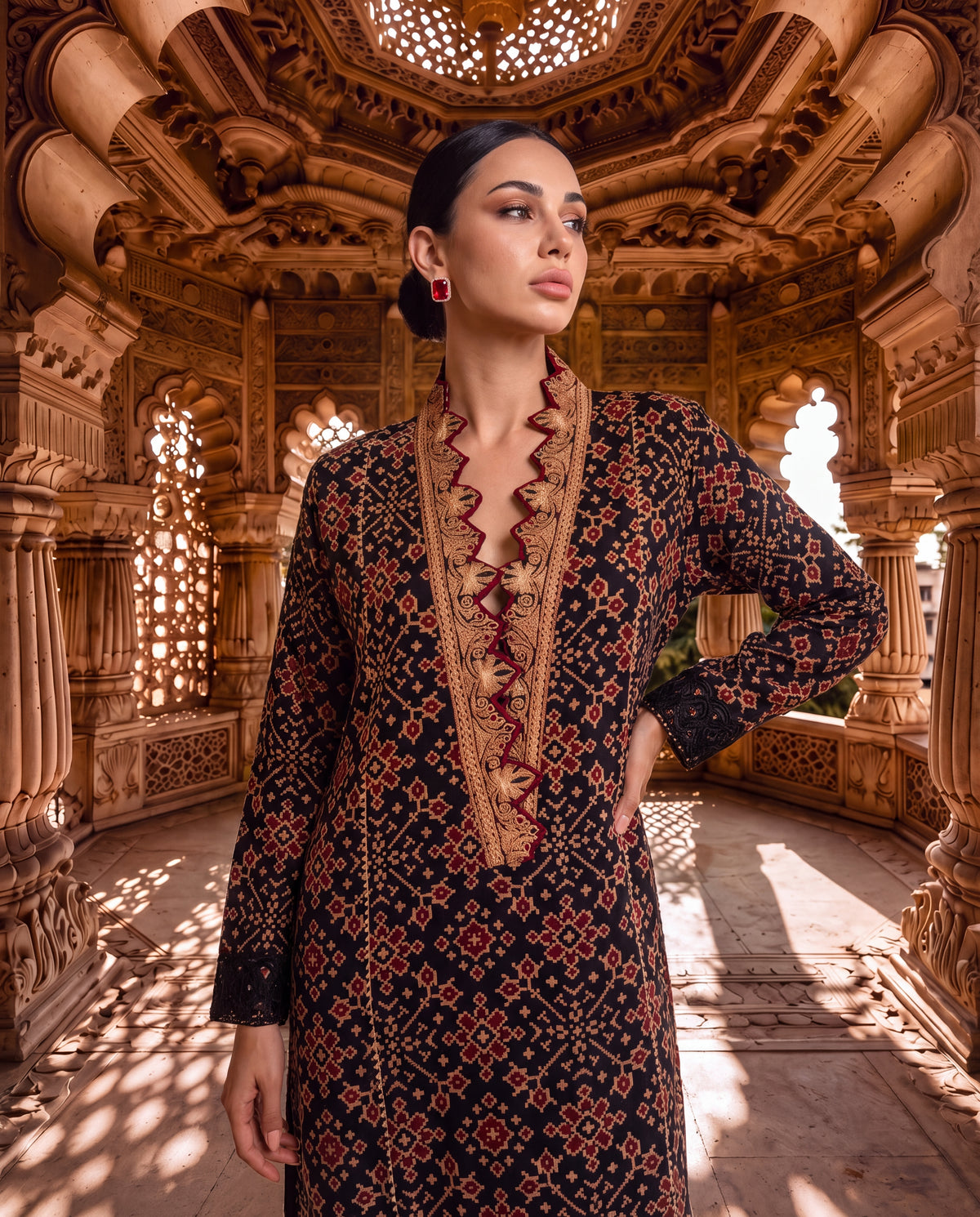 Black Ajrakh Kurta with Kashmiri Tilla Work & Lace Borders-(TKW-2223)