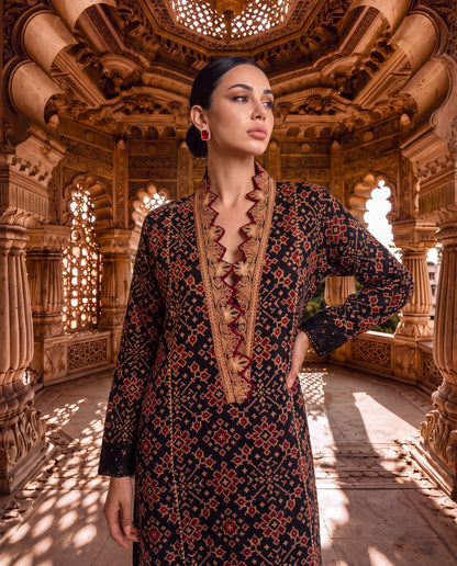 Black Ajrakh Kurta with Kashmiri Tilla Work & Lace Borders-(TKW-2223)