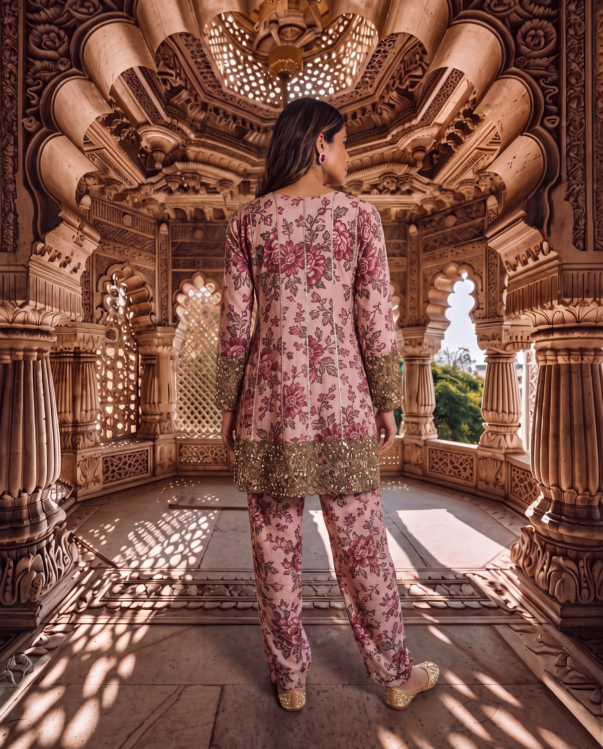 Blush Floral Linen Satin Kurta Set with Green Mirror Hand Embroidery-(BGR-7020)