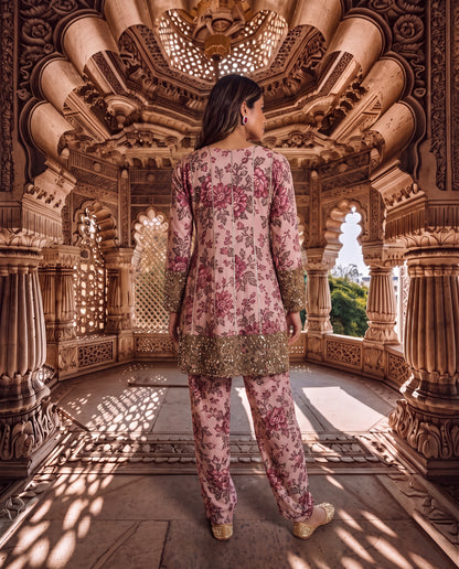 Blush Floral Linen Satin Kurta Set with Green Mirror Hand Embroidery-(BGR-7020)