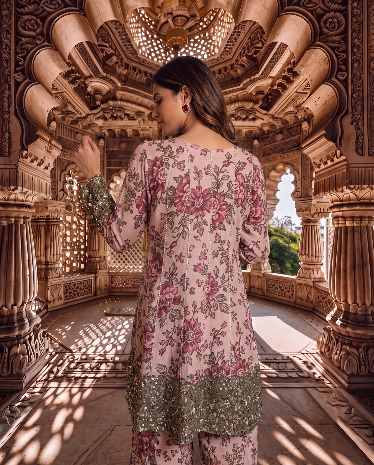 Blush Floral Linen Satin Kurta Set with Green Mirror Hand Embroidery-(BGR-7020)