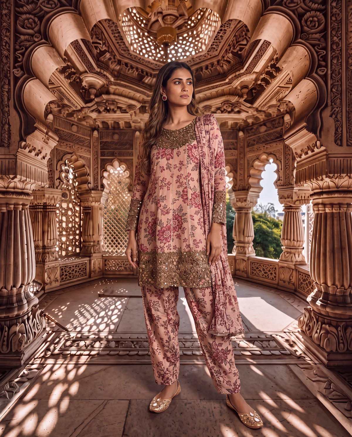 Blush Floral Linen Satin Kurta Set with Green Mirror Hand Embroidery-(BGR-7020)