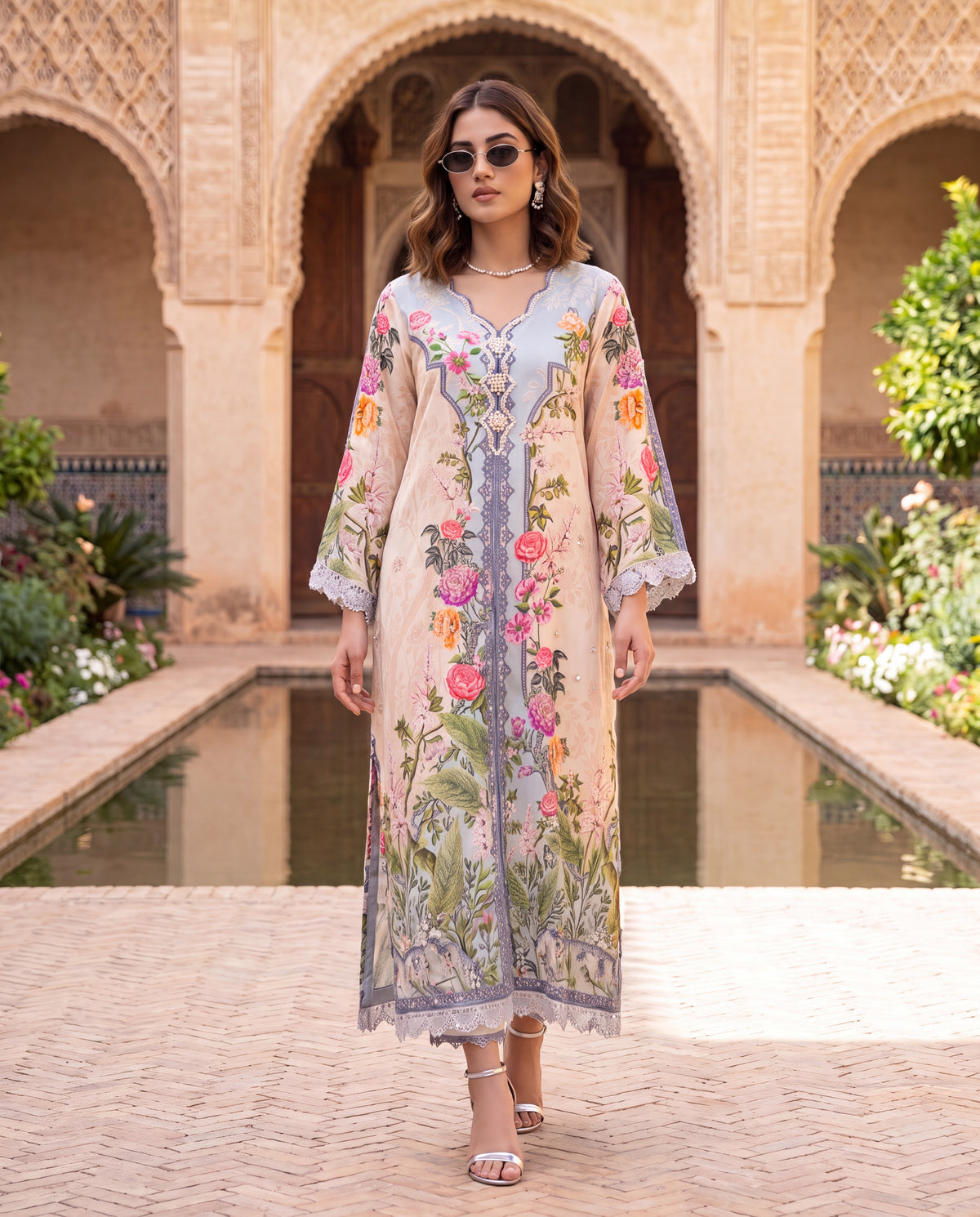 Viscose Dupion Floral Printed Kurta Set with Hand Embroidery-(ZX-630)