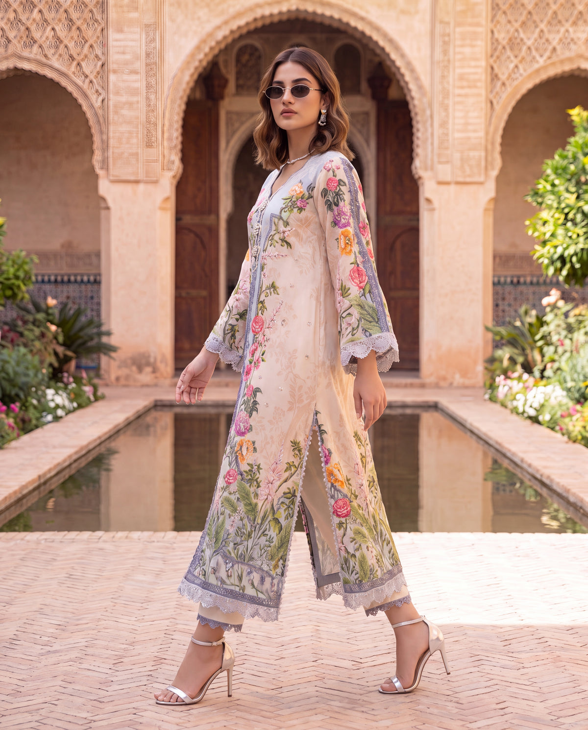 Viscose Dupion Floral Printed Kurta Set with Hand Embroidery-(ZX-630)