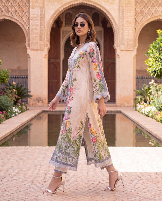 Pastel Viscose Dupion Floral Printed Kurta Set with Hand Embroidery – Front View