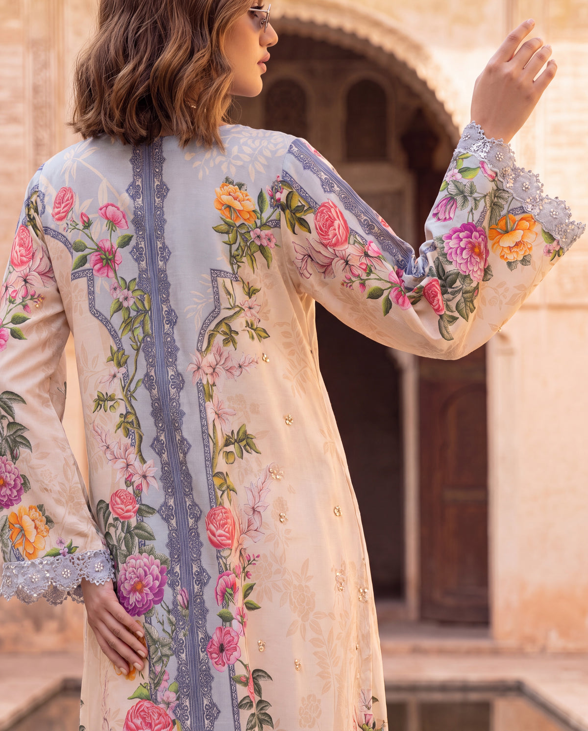 Viscose Dupion Floral Printed Kurta Set with Hand Embroidery-(ZX-630)