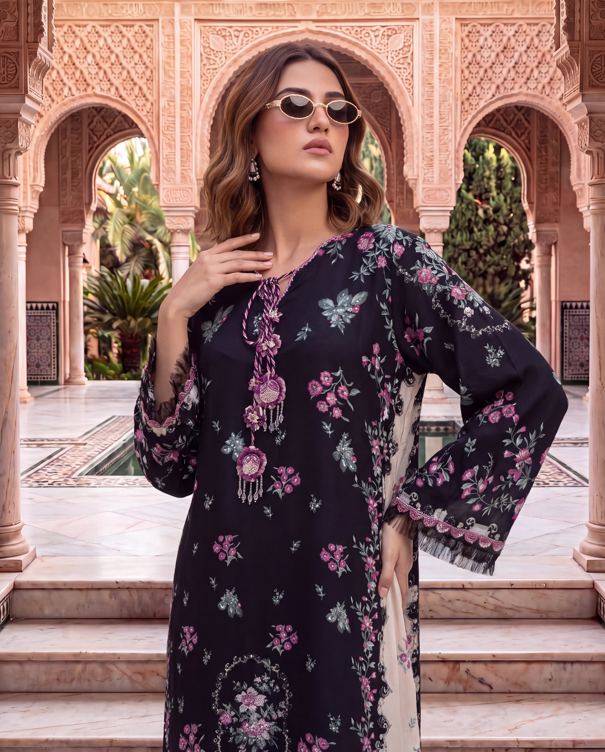Viscose Dupion Floral Printed Overlay Set with Hand Embroidery-(FDV-540)