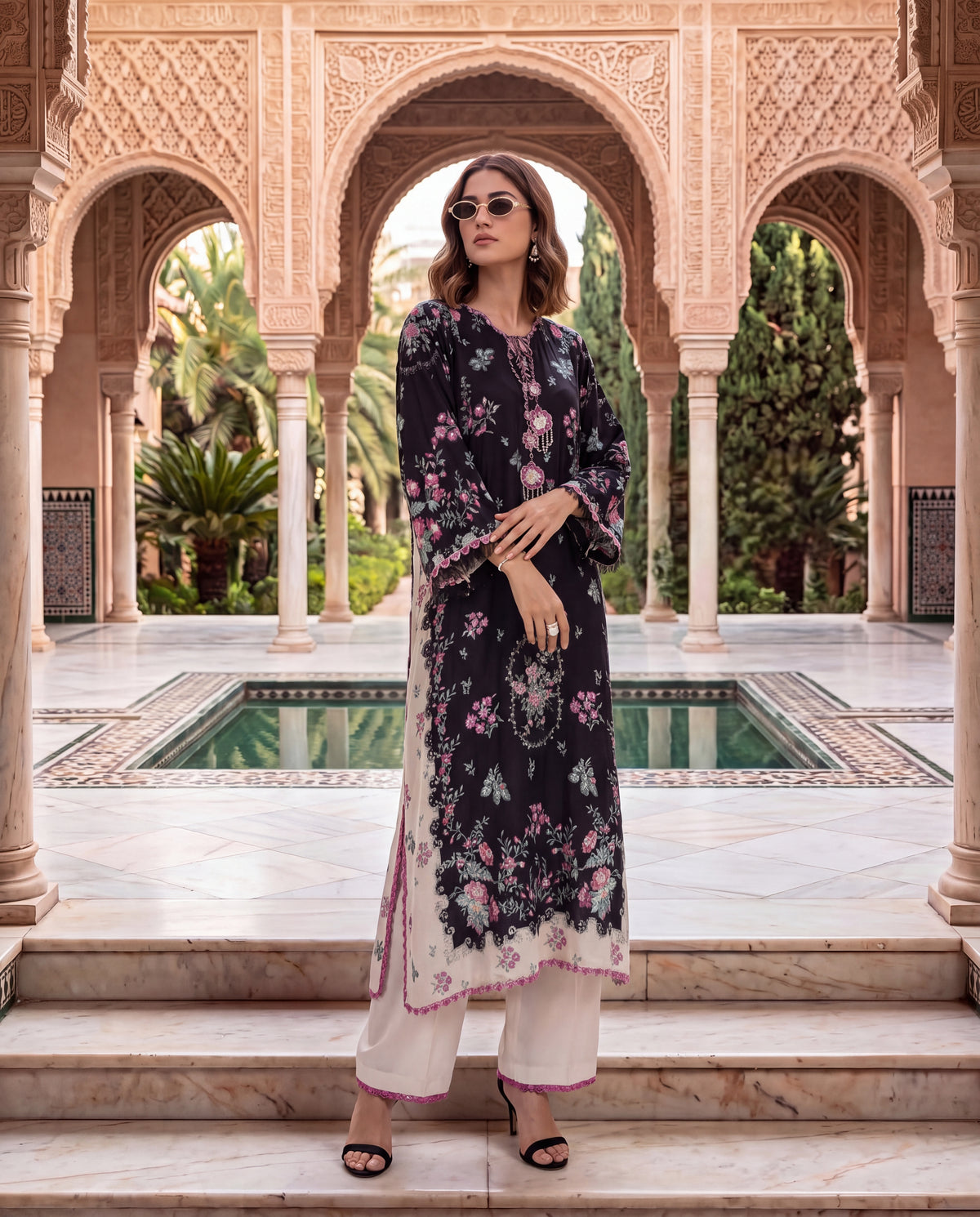 Viscose Dupion Floral Printed Overlay Set with Hand Embroidery-(FDV-540)