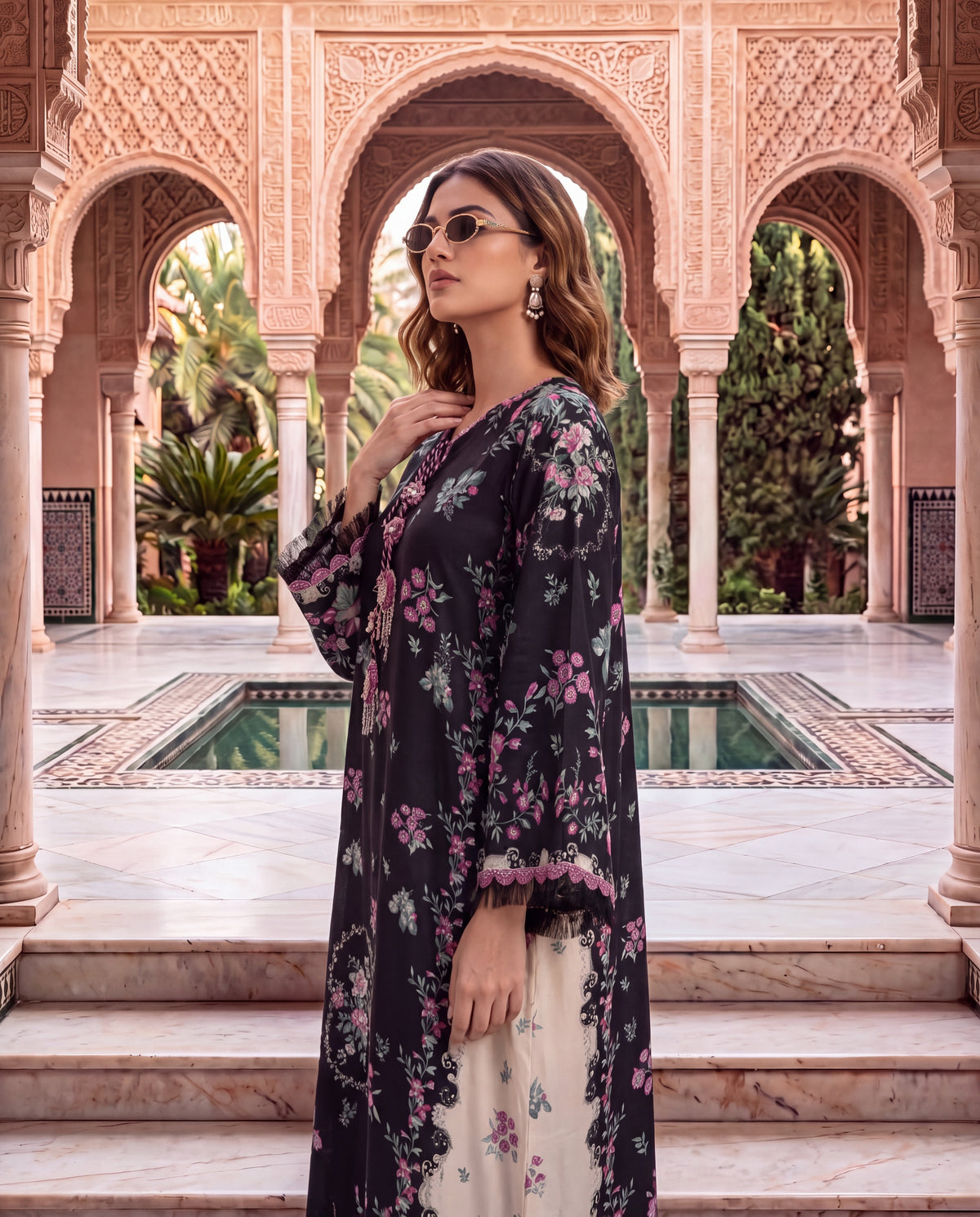 Viscose Dupion Floral Printed Overlay Set with Hand Embroidery-(FDV-540)