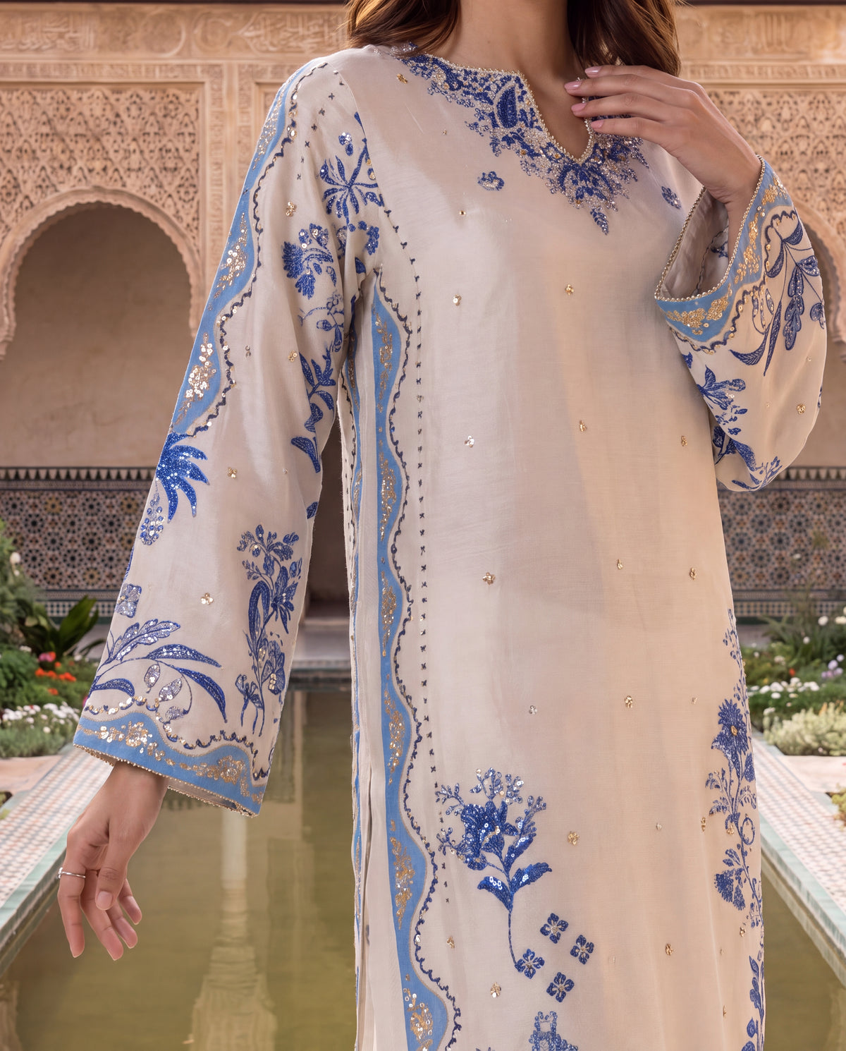 Viscose Dupion Printed Kurta Set with Hand Embroidery-(WHD-2007)