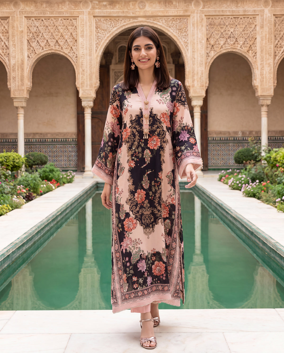 Viscose Dupion Floral Printed Kurta with Hand Embroidery-(MMD-9)