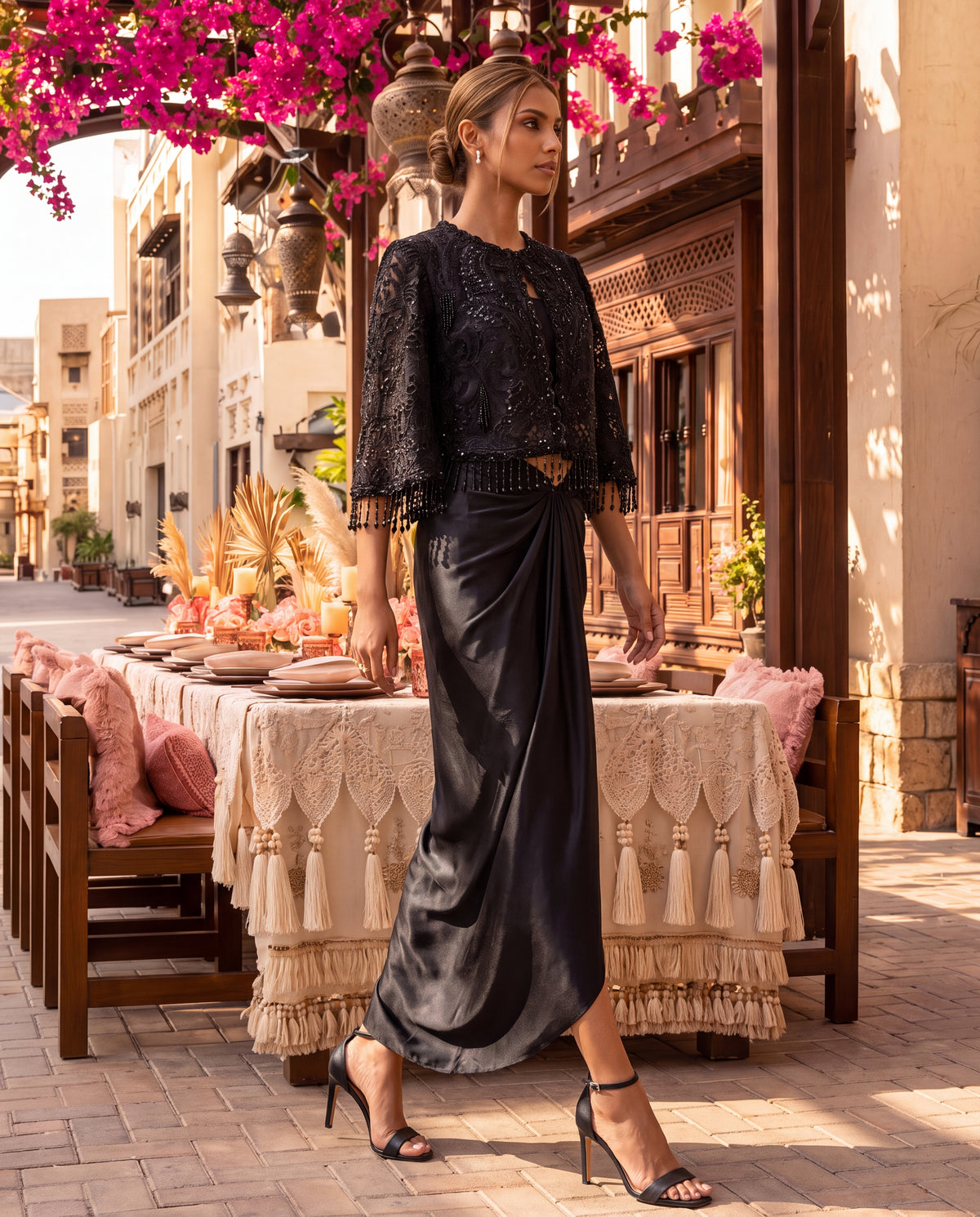 Black Satin Skirt with Sequined Tube & Hand-Embroidered Organza Cape-(STC-504)