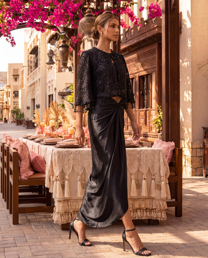 Black Satin Skirt with Sequined Tube & Hand-Embroidered Organza Cape-(STC-504)
