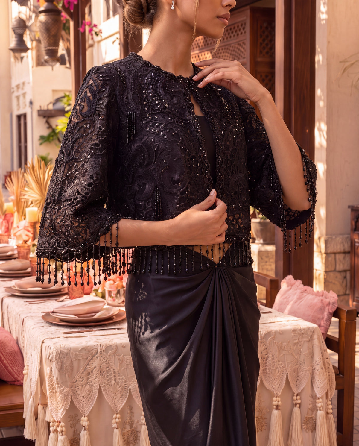 Black Satin Skirt with Sequined Tube & Hand-Embroidered Organza Cape-(STC-504)