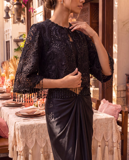 Black Satin Skirt with Sequined Tube & Hand-Embroidered Organza Cape-(STC-504)