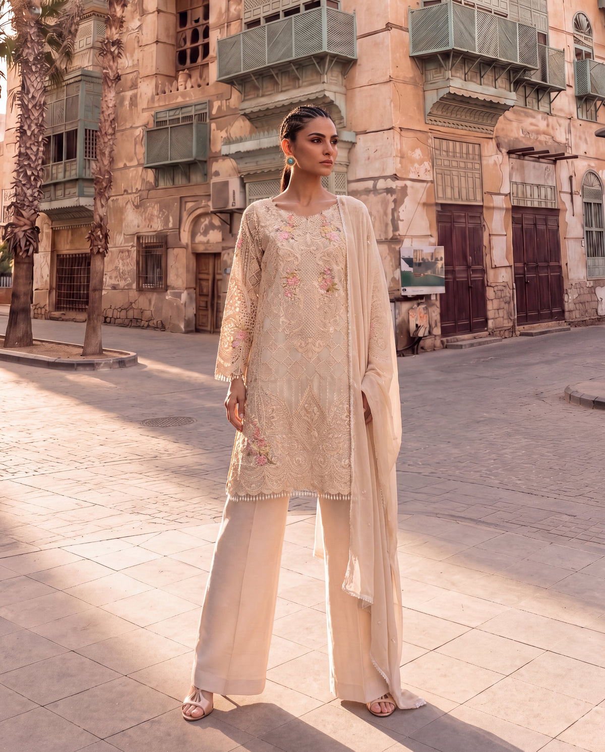 Pale Blue Organza Embroidered Kurta Set with Georgette Dupatta & Dupion Pants-(VDOT-9)