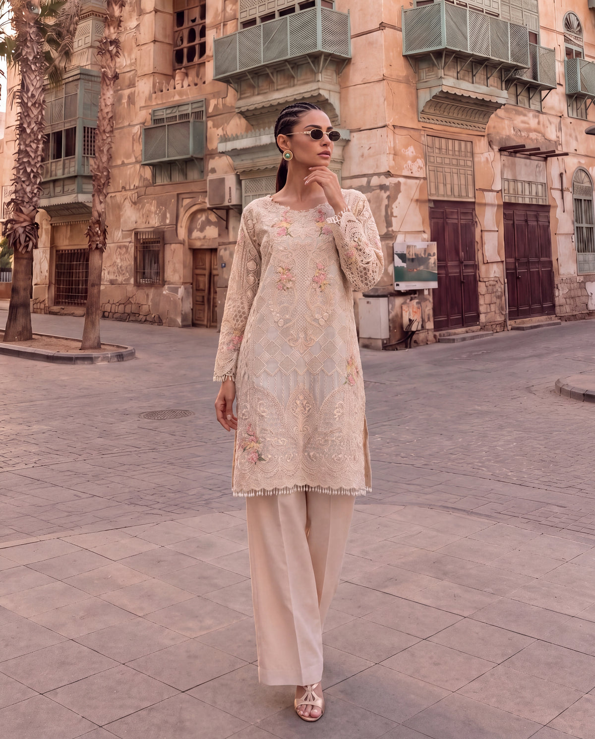Pale Blue Organza Embroidered Kurta Set with Georgette Dupatta & Dupion Pants-(VDOT-9)