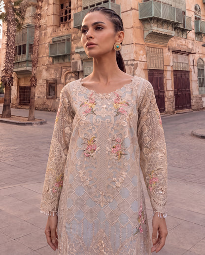 Pale Blue Organza Embroidered Kurta Set with Georgette Dupatta & Dupion Pants-(VDOT-9)