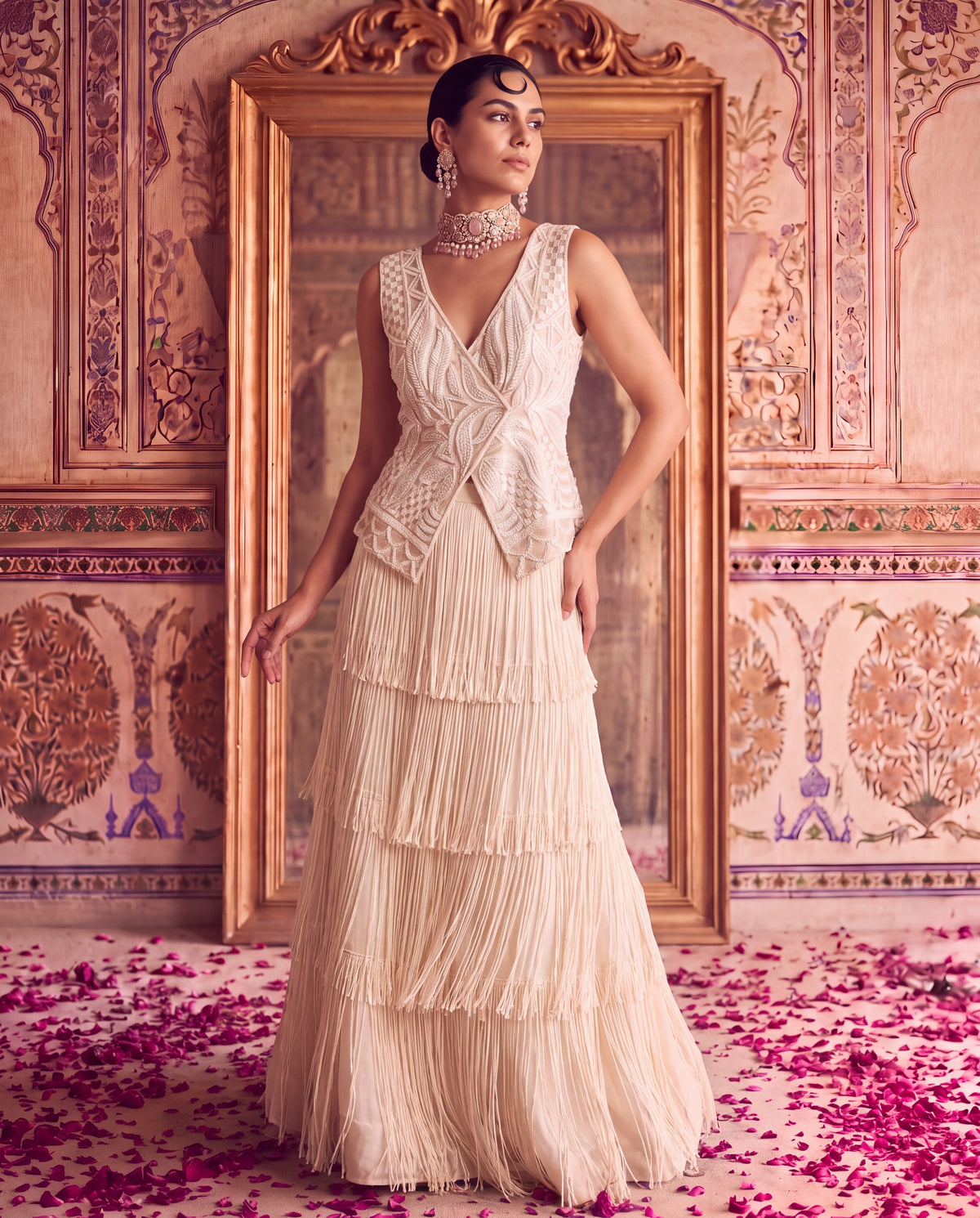 Beige Éclat Peplum & Layered Tasselled Skirt-(ZIF-4102)