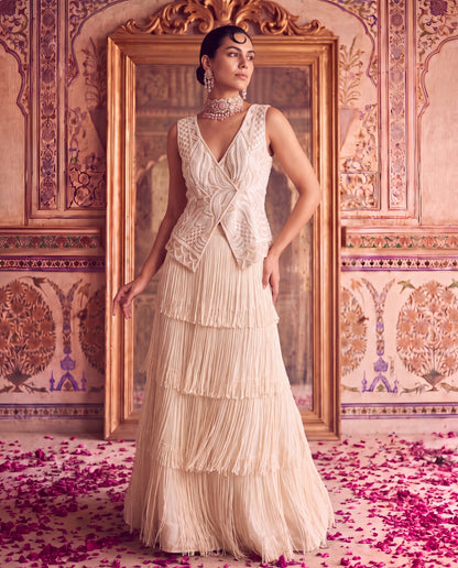 Beige Éclat Peplum & Layered Tasselled Skirt-(ZIF-4102)