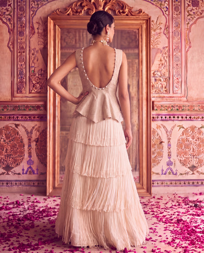 Beige Éclat Peplum & Layered Tasselled Skirt-(ZIF-4102)
