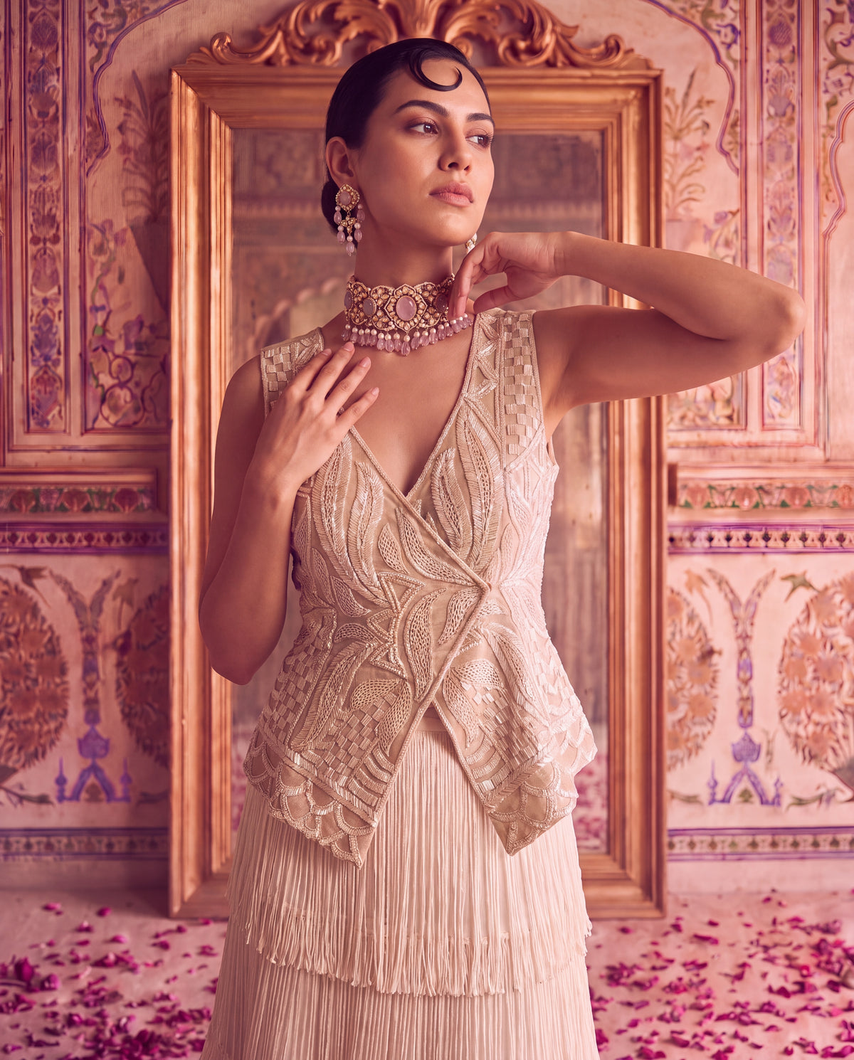 Beige Éclat Peplum & Layered Tasselled Skirt-(ZIF-4102)