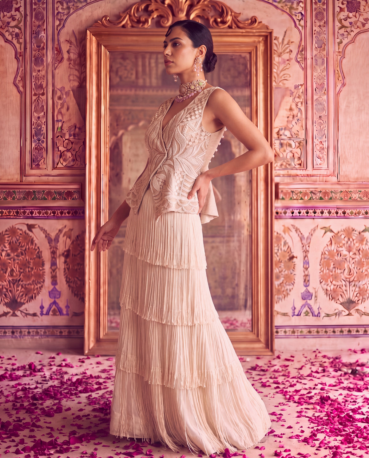 Beige Éclat Peplum & Layered Tasselled Skirt-(ZIF-4102)