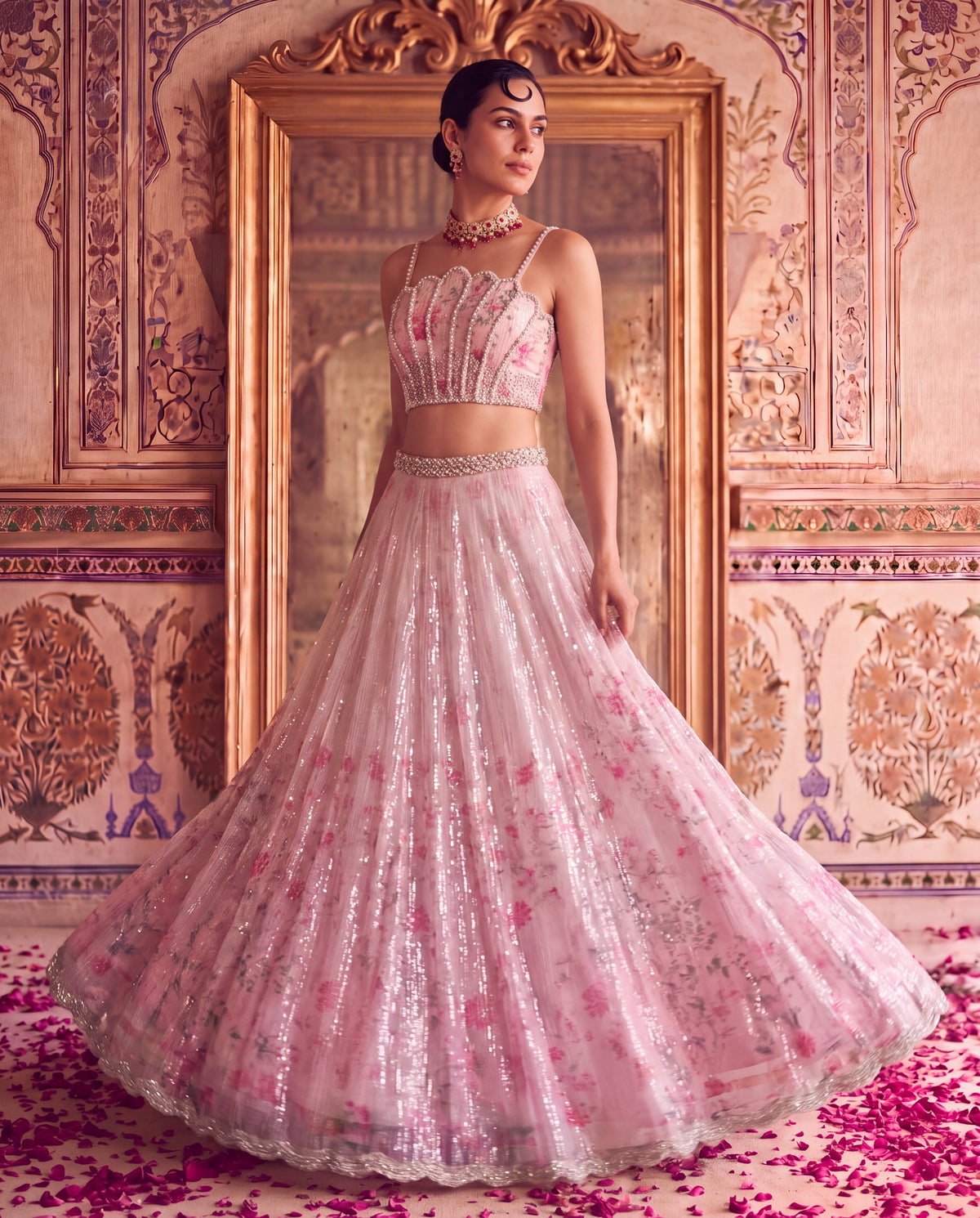 Pink Floral Printed Sequinned Ghagra Set with Embellished Blouse & Dupatta-(PPQS-720)