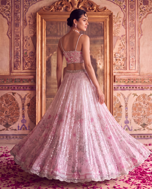 Pink Floral Printed Sequinned Ghagra Set with Embellished Blouse & Dupatta-(PPQS-720)