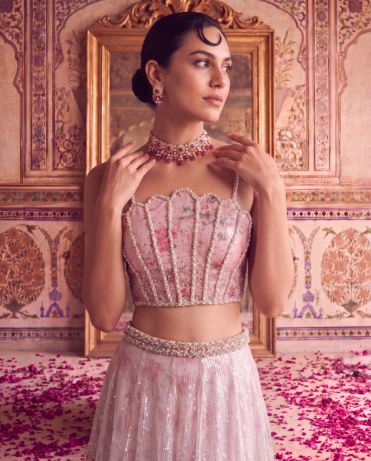 Pink Floral Printed Sequinned Ghagra Set with Embellished Blouse & Dupatta-(PPQS-720)