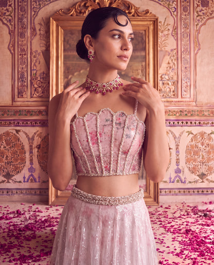 Pink Floral Printed Sequinned Ghagra Set with Embellished Blouse & Dupatta-(PPQS-720)