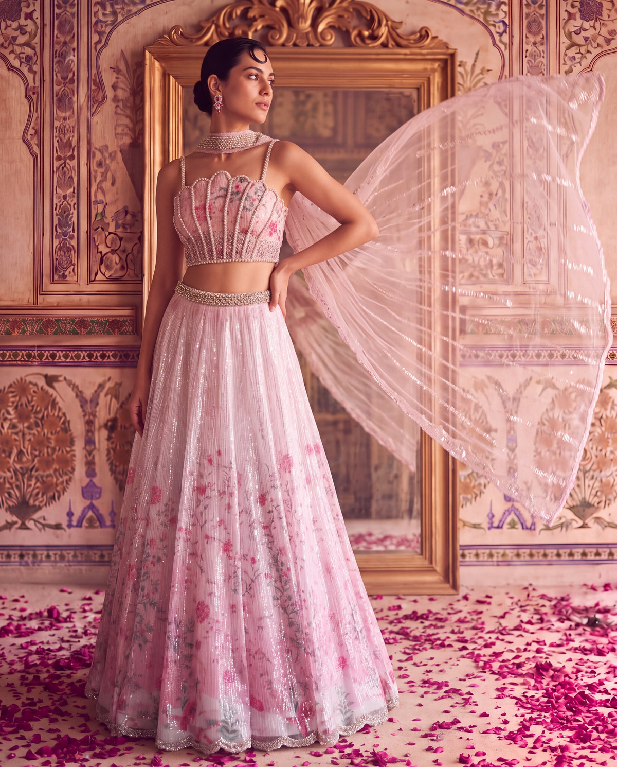 Pink Floral Printed Sequinned Ghagra Set with Embellished Blouse & Dupatta-(PPQS-720)