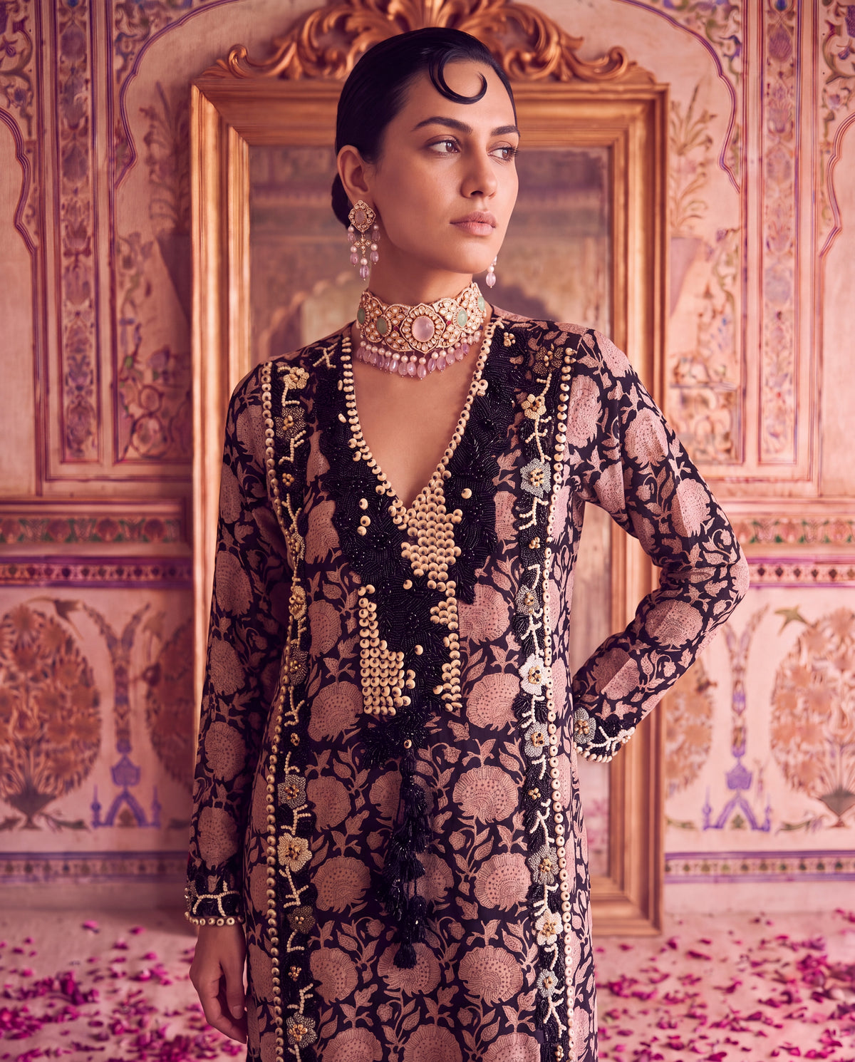 Black Chanderi Pearl & Bead Embroidered Kurta with Tassels-(NMFH-18)